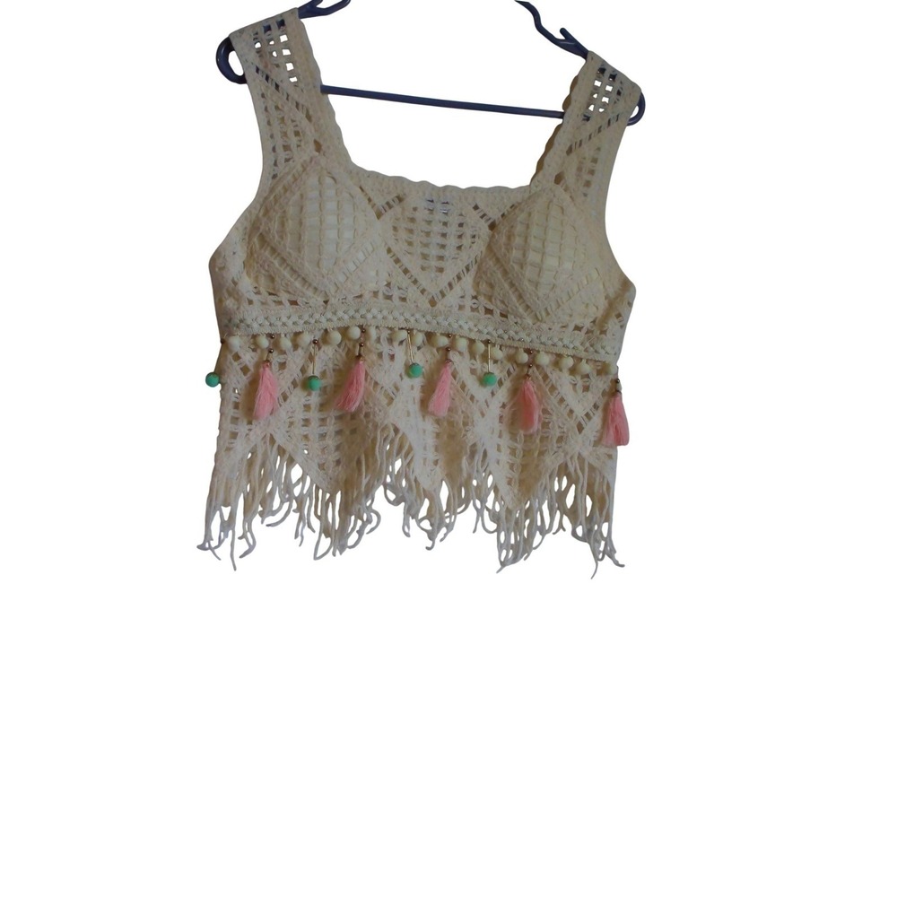 India Boutique Crochet Crop Top Cream Pink Tassels Fringe Festival Boho‎ New M